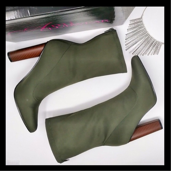 Ami Shoes - Olive Lycra Wooden Chunky Heel Booties
